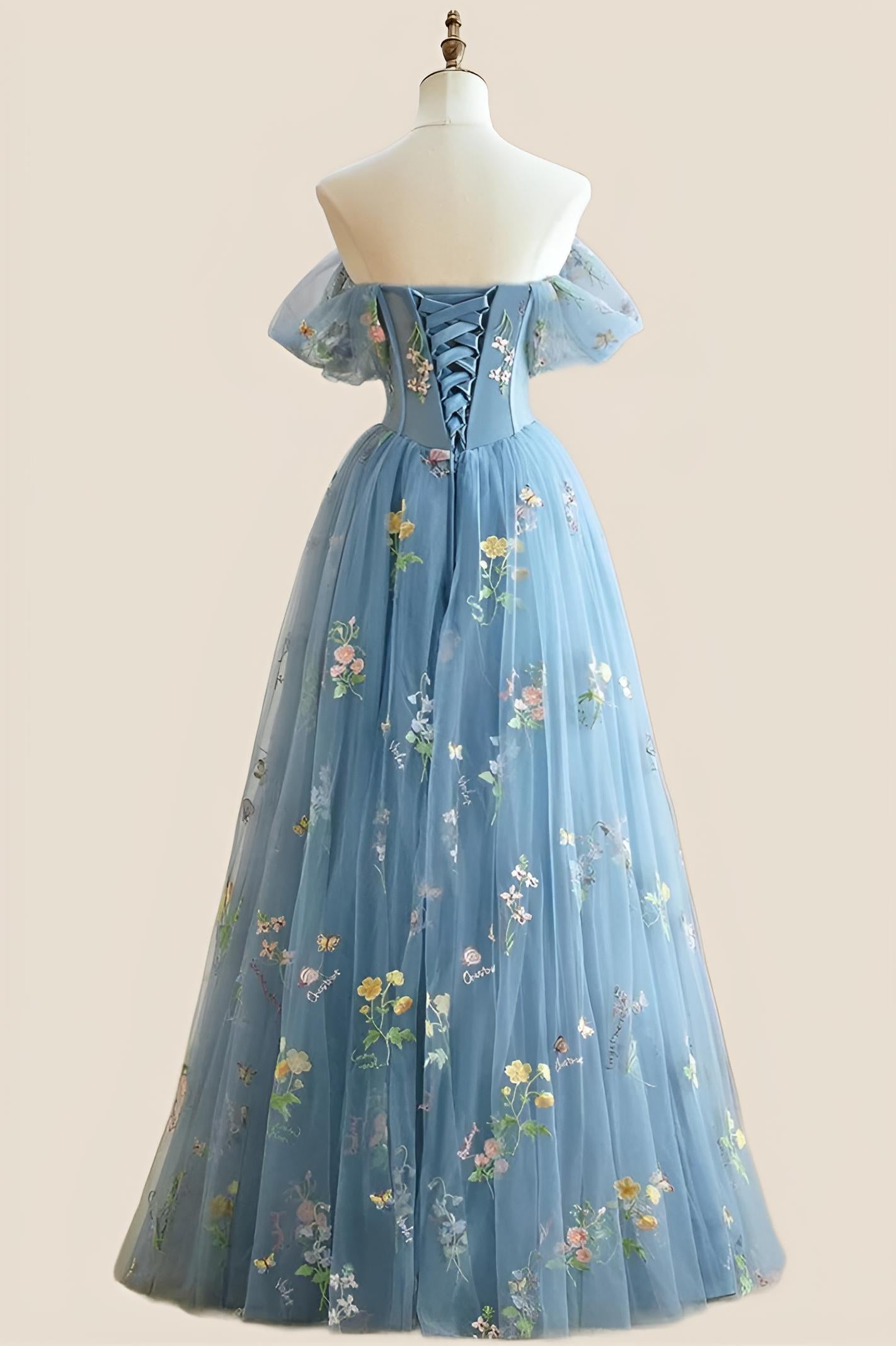 Off the Shoulder Blue Corset Floral Fairytale Dress