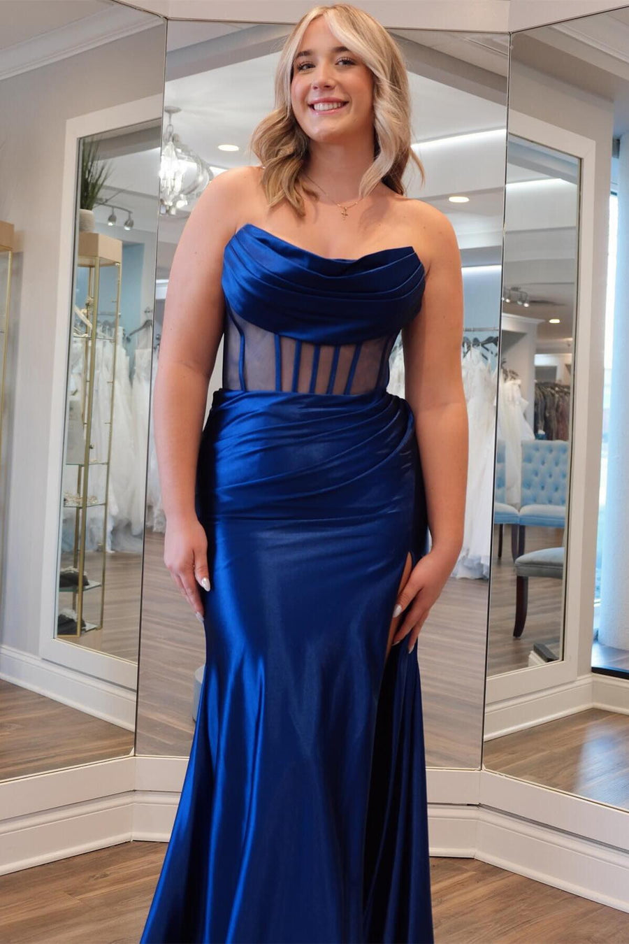 Ruched Cowl Neck Blue Satin Mermaid Formal Dress