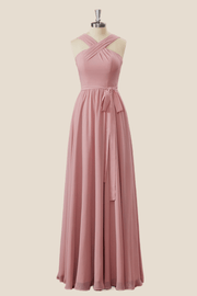 Blush Pink Cross Front Chiffon Long Bridesmaid Dress
