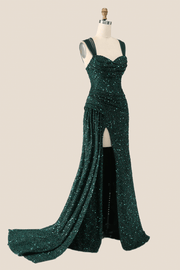 Ruched Dark Green Sequin Mermaid Long Evening Dress
