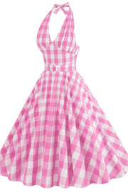 Deep V Neck Pink Plaid Gingham Swing Dress with Belt