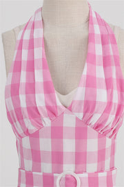 Deep V Neck Pink Plaid Gingham Swing Dress with Belt