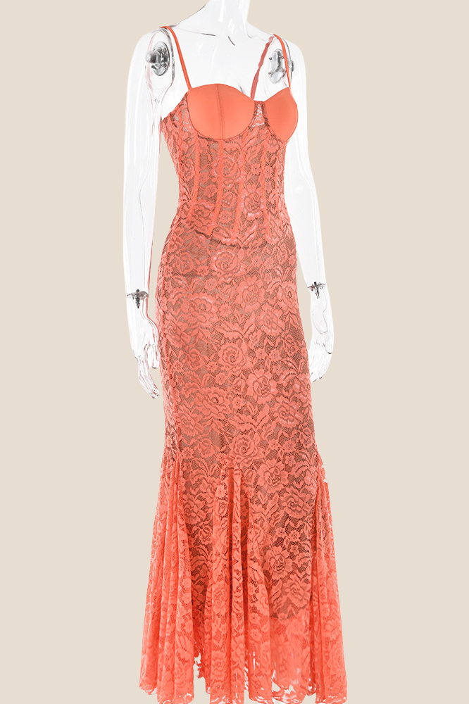 Spaghetti Straps Orange Lace Mermaid Long Dress