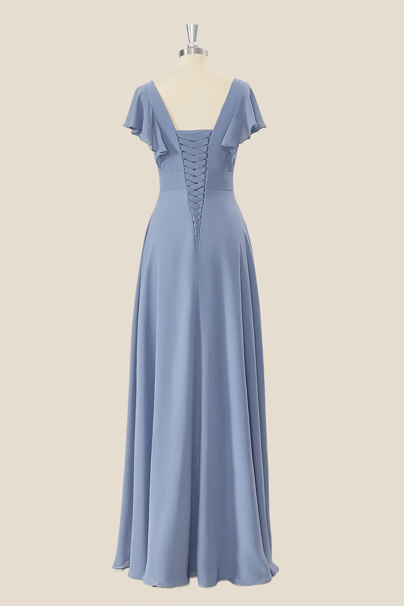 Dusty Blue Ruffles V Neck Chiffon Long Bridesmaid Dress