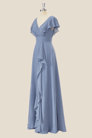 Dusty Blue Ruffles V Neck Chiffon Long Bridesmaid Dress