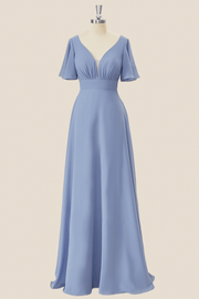 Fluttter Sleeves Dusty Blue Chiffon Long Maxi Dress