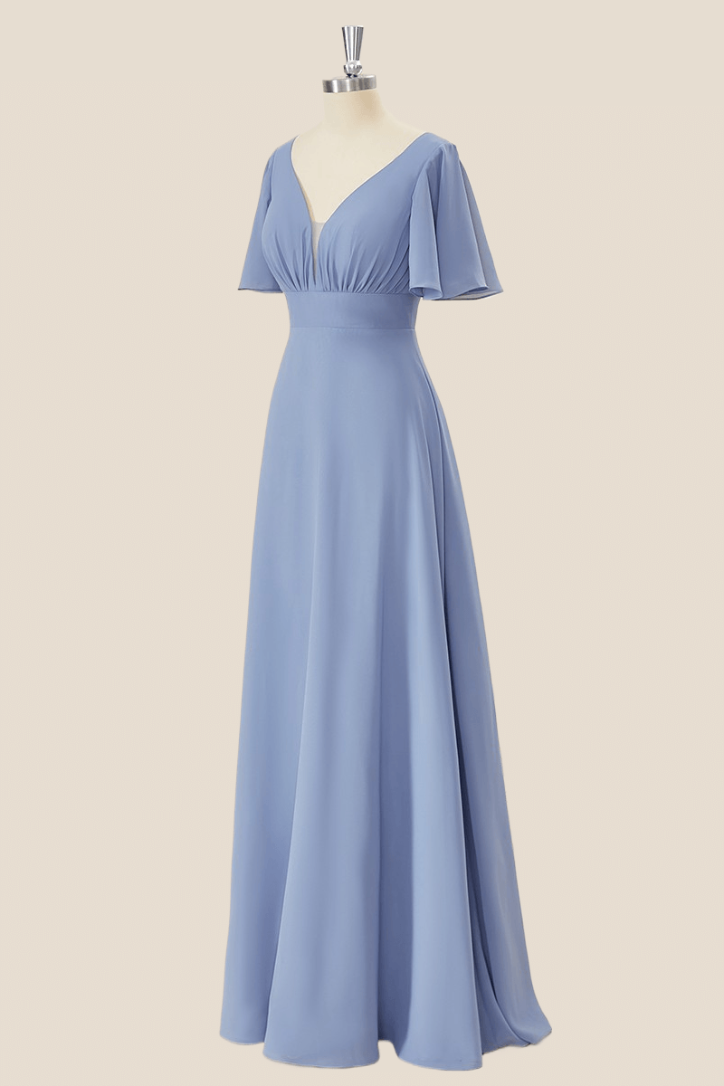 Fluttter Sleeves Dusty Blue Chiffon Long Maxi Dress