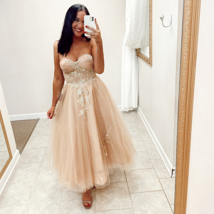 Sweetheart Champagne Tulle Tea Length Dress with Gold Sequins Ohmollydress Sweetheart Champagne Tulle Tea Length Dress with Gold Sequins Ohmollydress