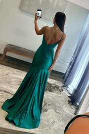 Spaghetti Straps Green Satin Mermaid Prom Dress