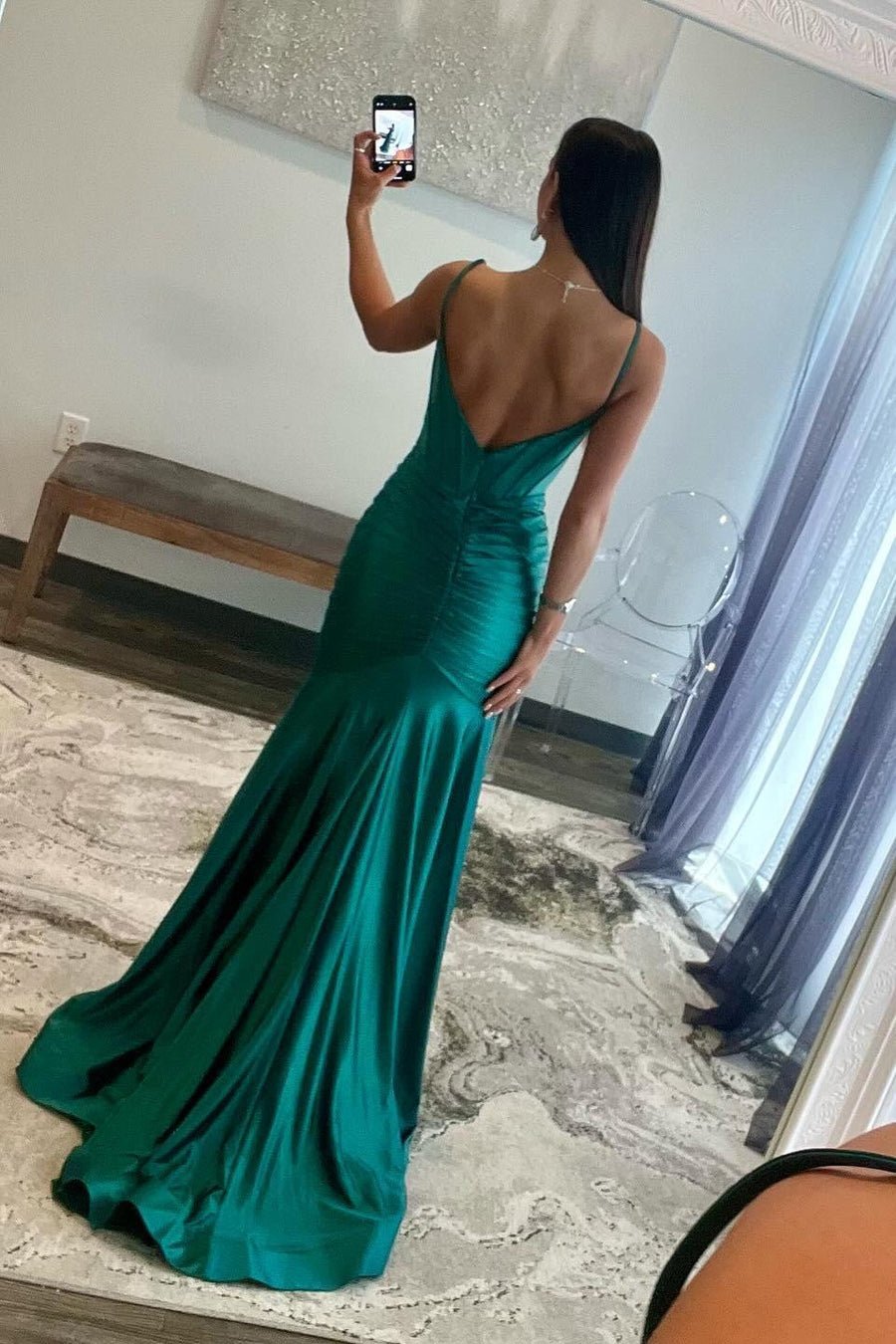 Spaghetti Straps Green Satin Mermaid Prom Dress