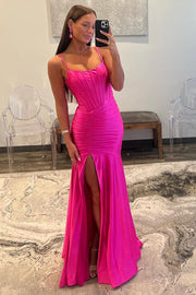 Spaghetti Straps Green Satin Mermaid Prom Dress