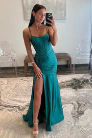 Spaghetti Straps Green Satin Mermaid Prom Dress
