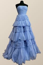 Strapless Pewriwinkle Tulle Tiered Formal Dress