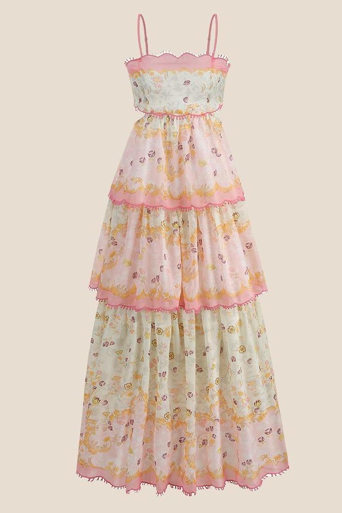 Straps Floral Tiered Long Maxi Dress