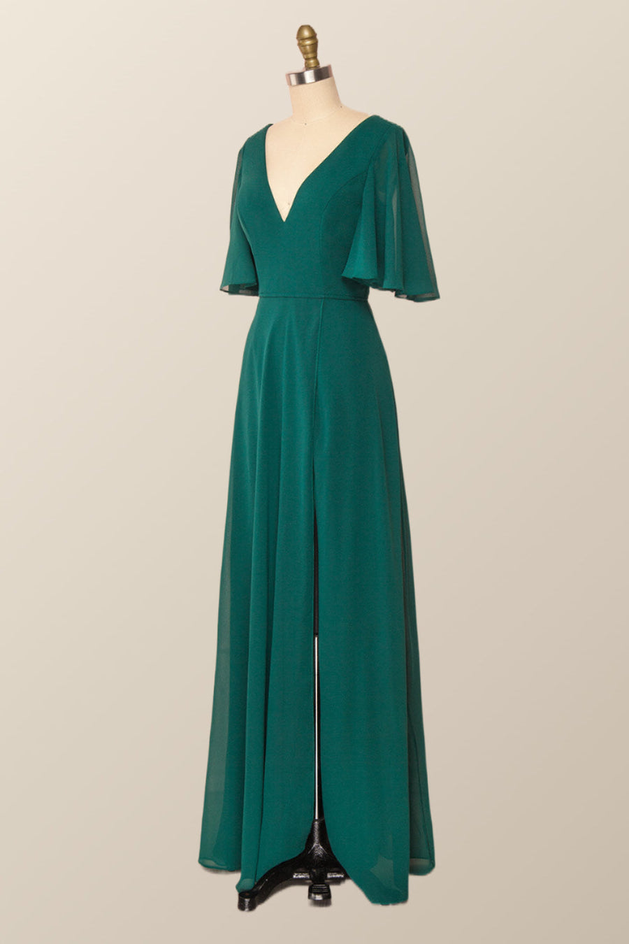 Flare Sleeves Green Chiffon Long Bridesmaid Dress