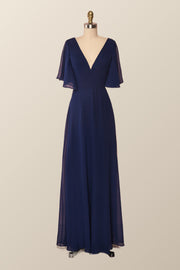 Flare Sleeves Navy Blue Chiffon Long Bridesmaid Dress