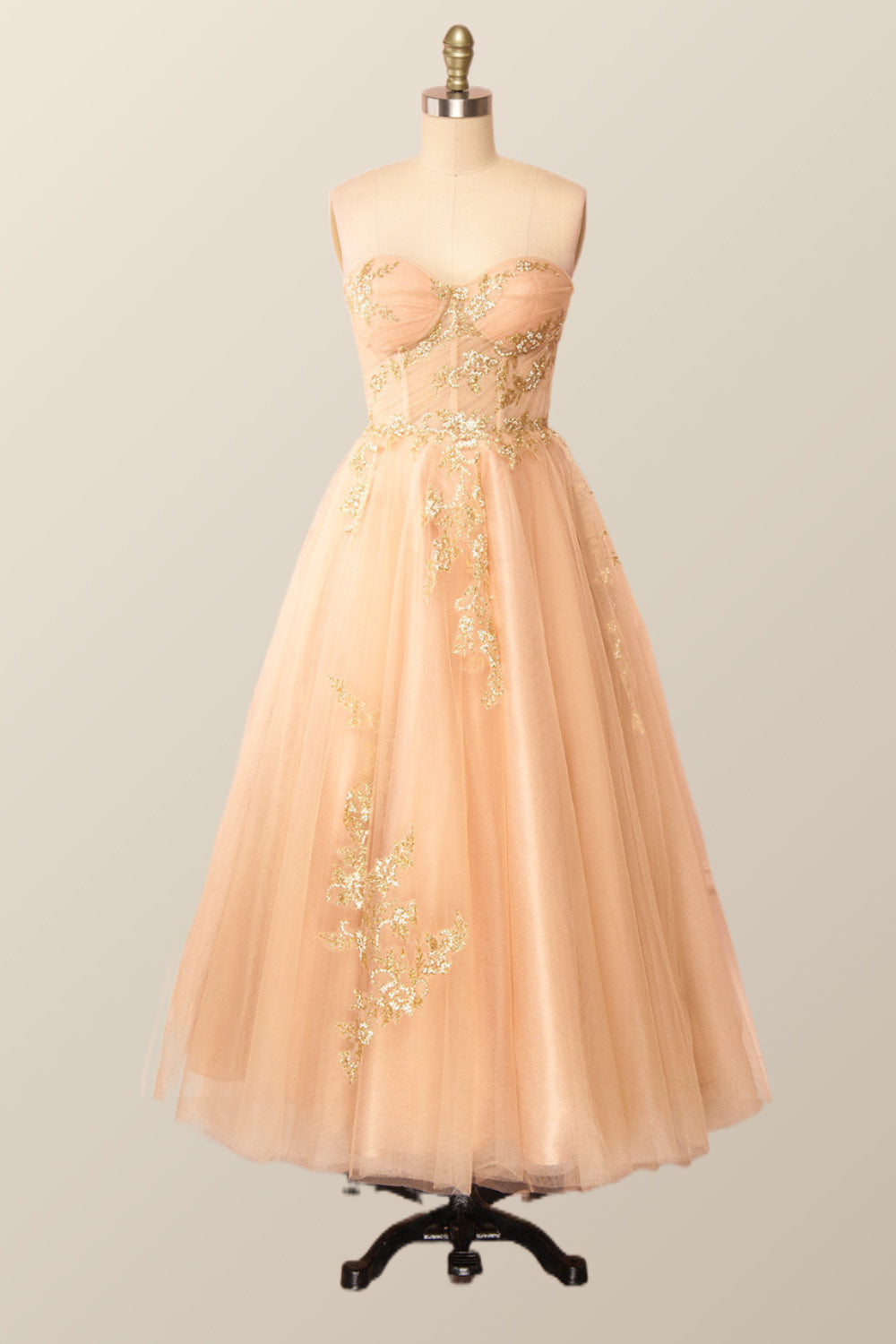 Sweetheart Champagne Tulle Tea Length Dress with Gold Sequins Ohmollydress Sweetheart Champagne Tulle Tea Length Dress with Gold Sequins Ohmollydress