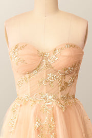 Sweetheart Champagne Tulle Tea Length Dress with Gold Sequins