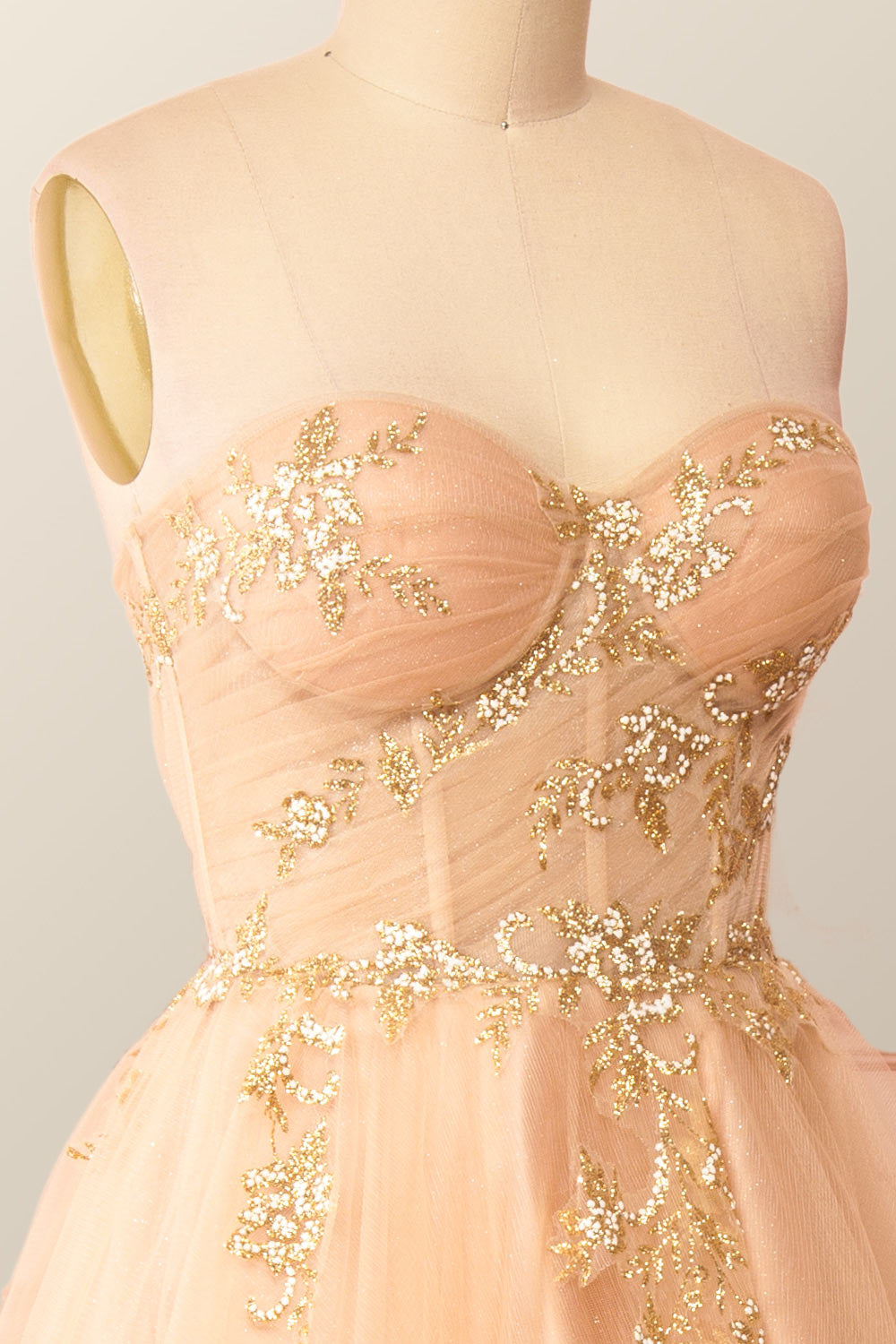 Sweetheart Champagne Tulle Tea Length Dress with Gold Sequins Ohmollydress Sweetheart Champagne Tulle Tea Length Dress with Gold Sequins Ohmollydress