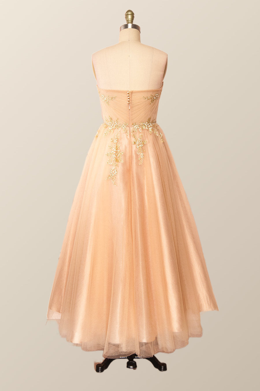 Sweetheart Champagne Tulle Tea Length Dress with Gold Sequins Ohmollydress Sweetheart Champagne Tulle Tea Length Dress with Gold Sequins Ohmollydress