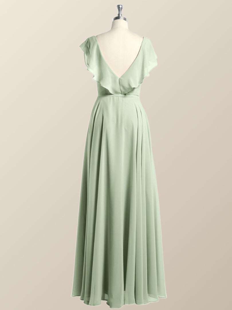 Ruffles V Neck Sage Green Chiffon Long Bridesmaid Dress