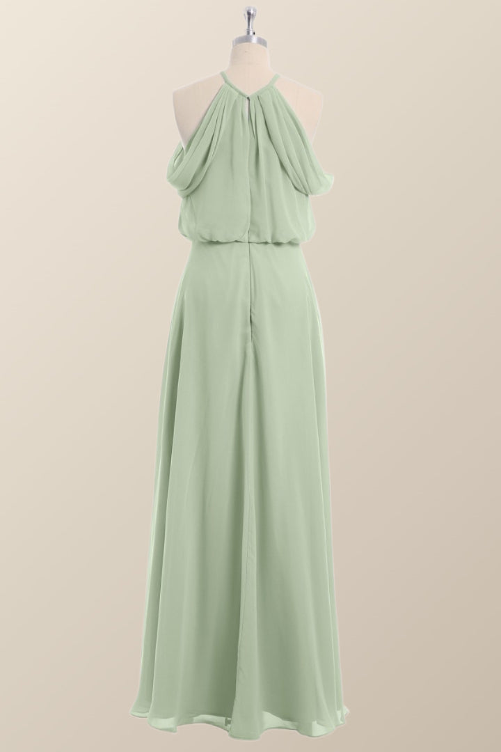 Cold Sleeve Sage Green Blouson Chiffon Long Bridesmaid Dress