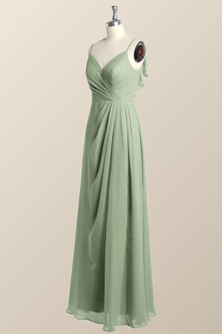 Straps Sage Green Chiffon Long Bridesmaid Dress with Open Back