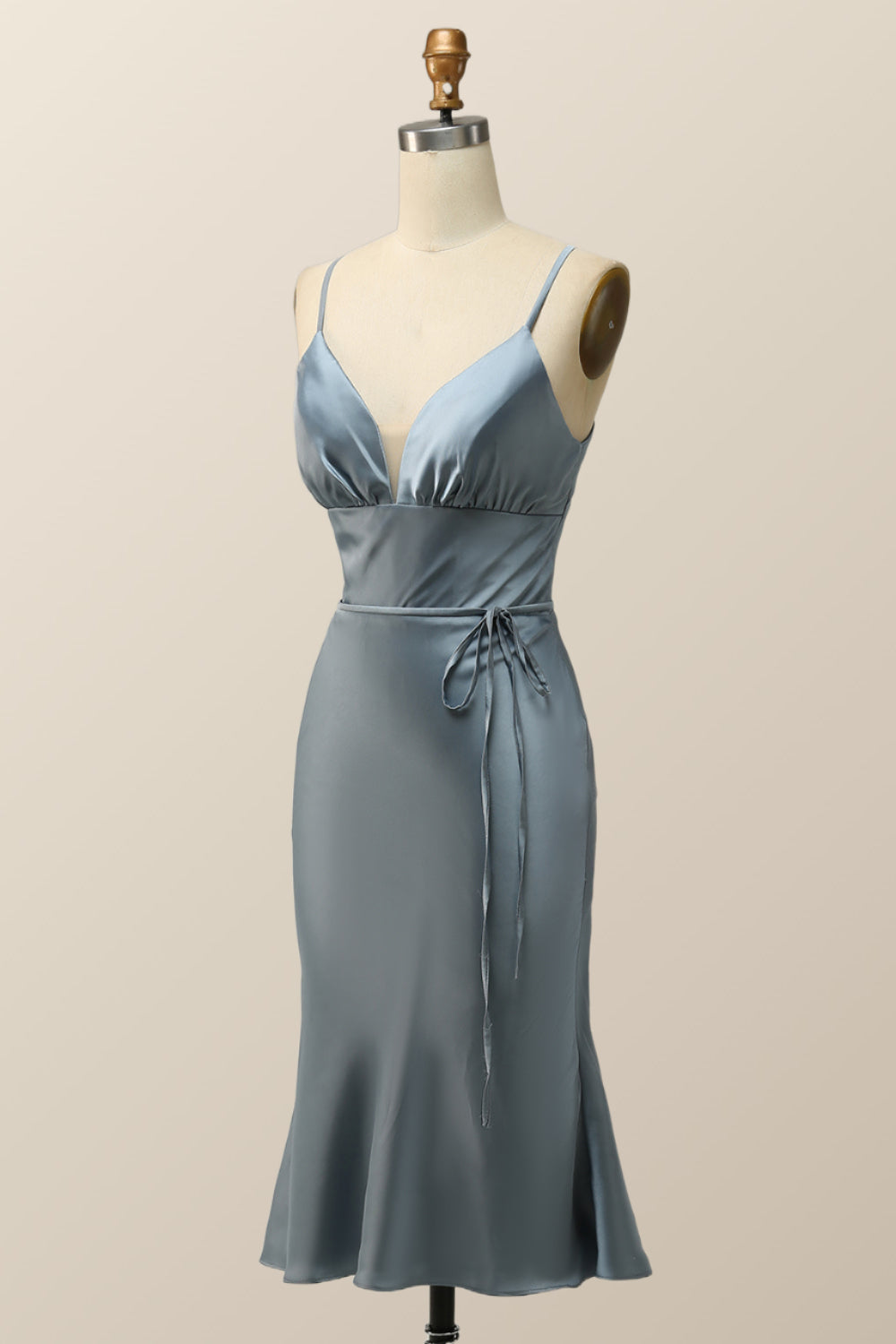 Straps Blue Satin Midi Bridesmaid Dress