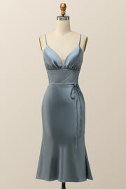 Straps Blue Satin Midi Bridesmaid Dress