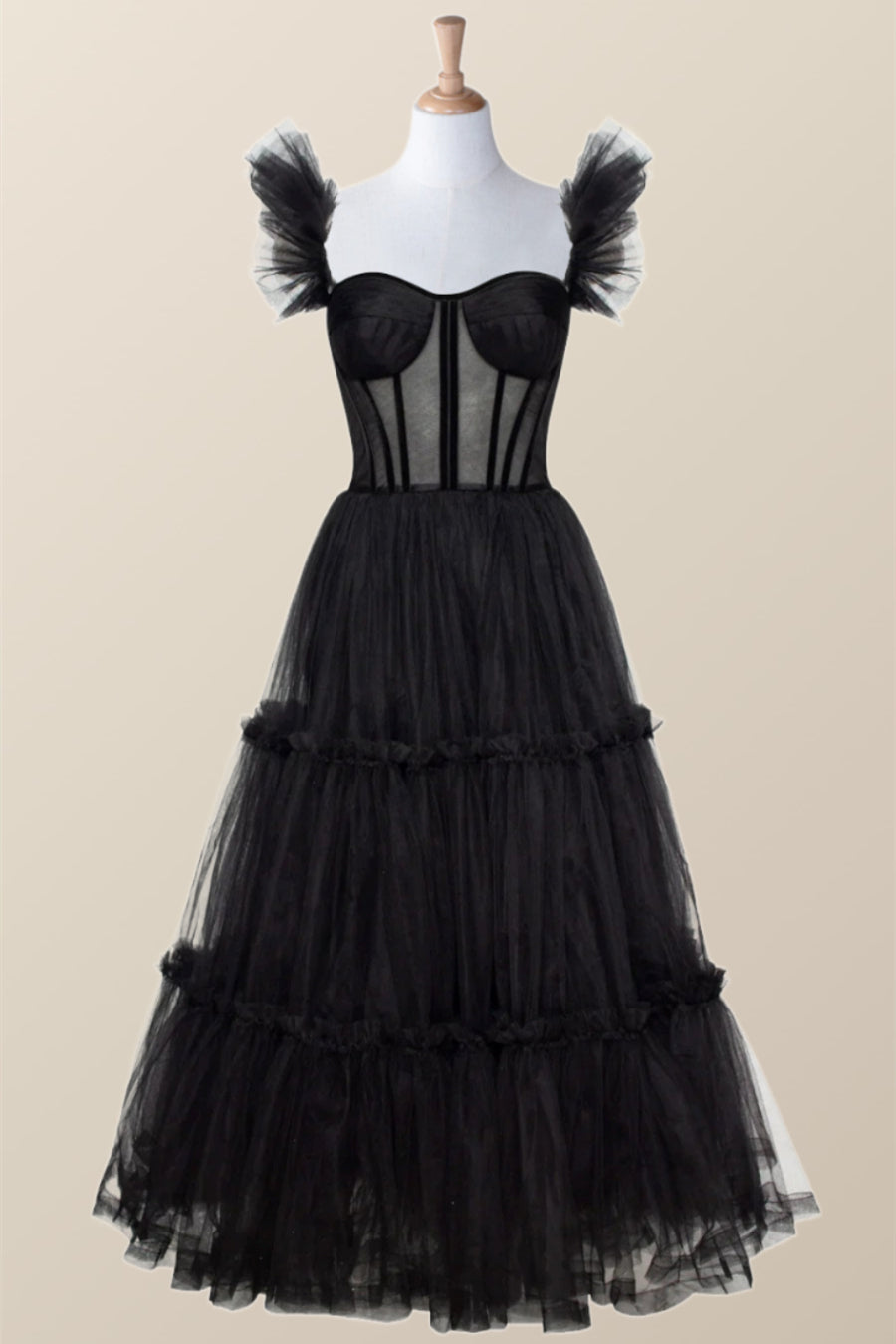 Black Tulle Ruffle Corset Tea Length Dress