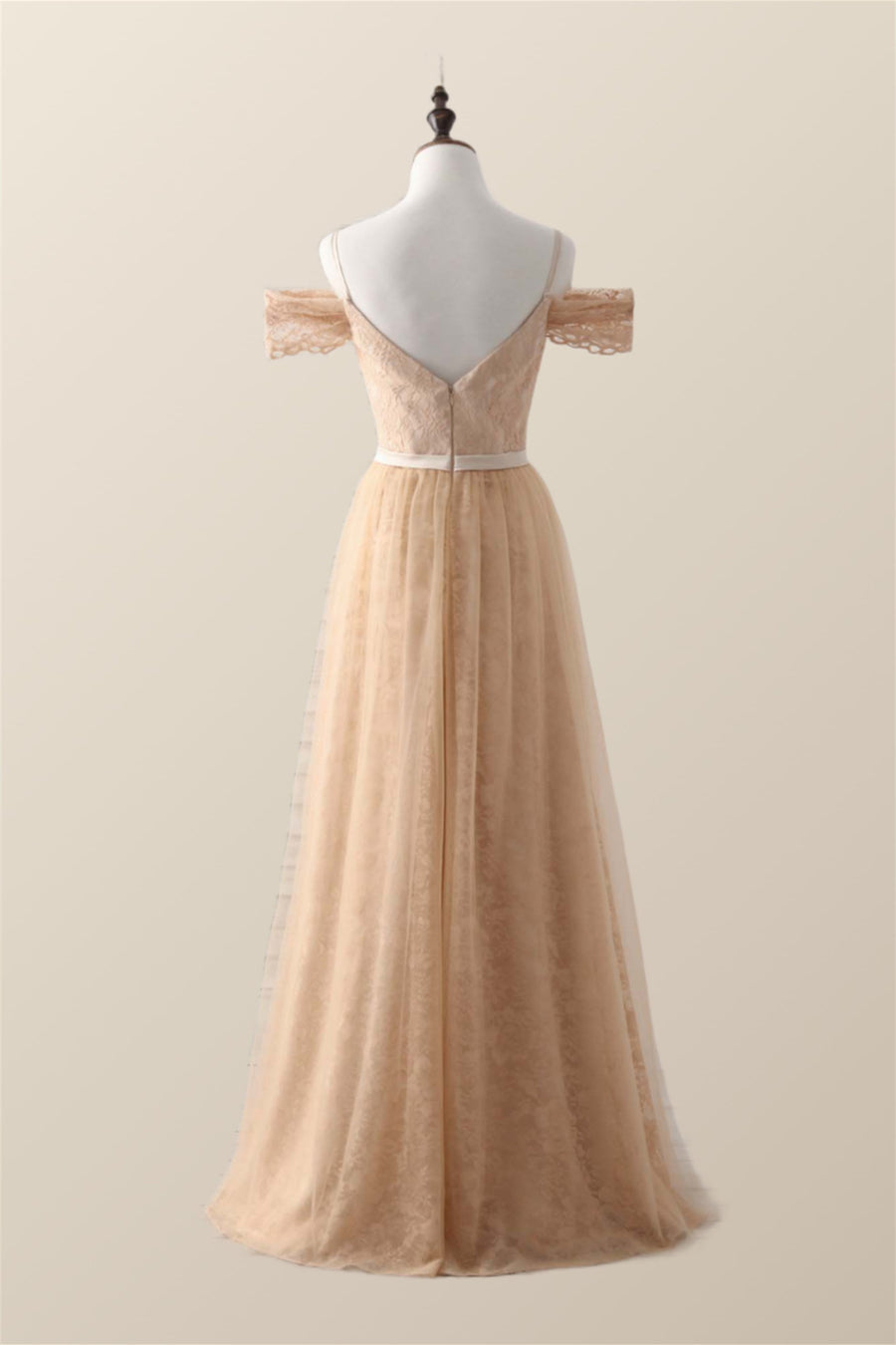 Off the Shoulder Champagne Lace and Tulle Long Bridesmaid Dress