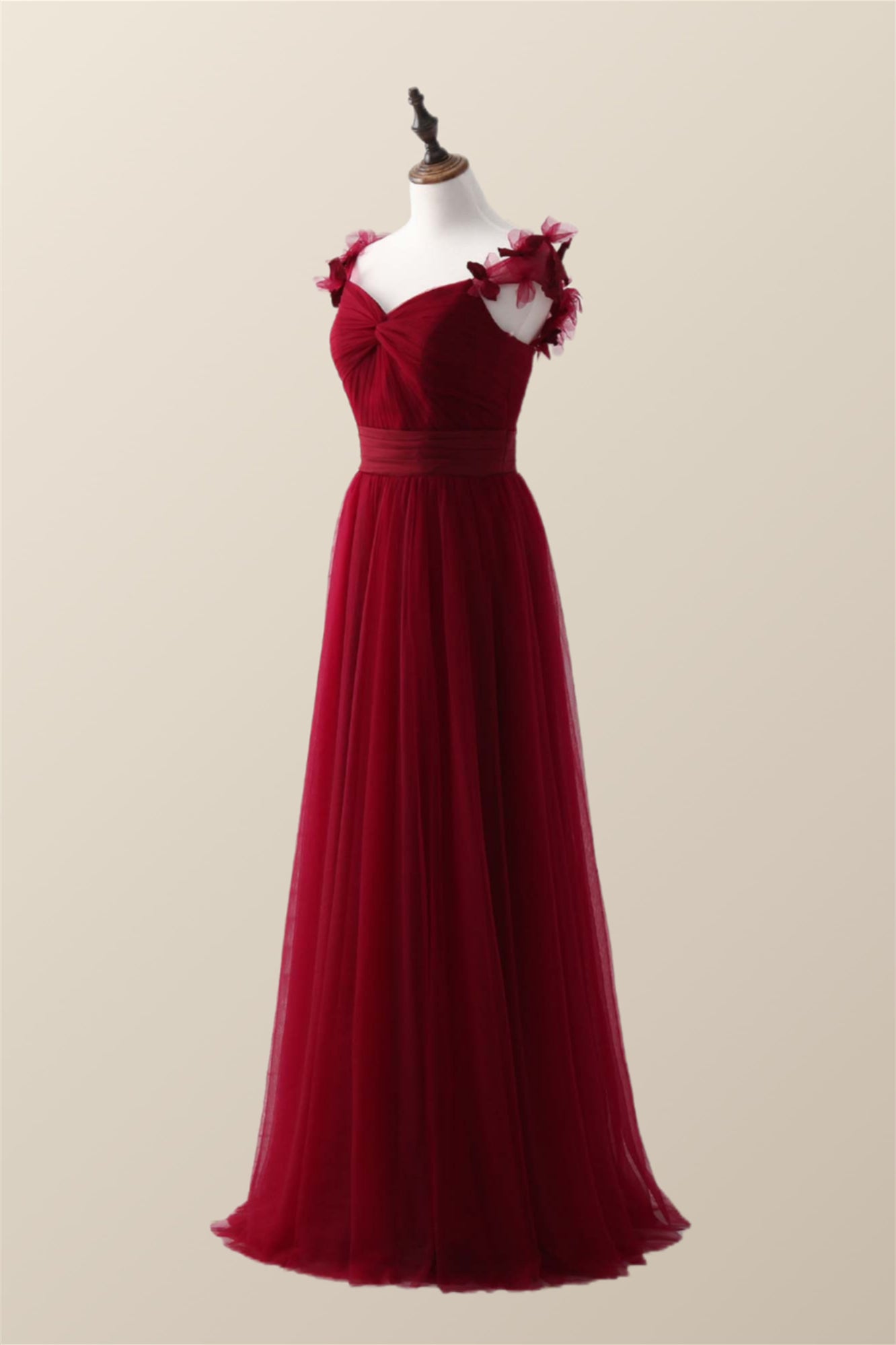 Knotted Front Red Tulle A-line Long Bridesmaid Dress