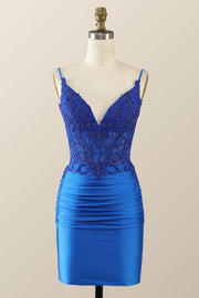 Straps Royal Blue Appliques Bodycon Mini Dress