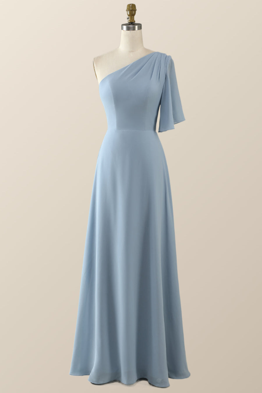 One Shoulder Misty Blue Chiffon Long Bridesmaid Dress