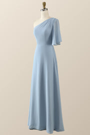 One Shoulder Misty Blue Chiffon Long Bridesmaid Dress