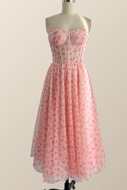 Pink Floral Corset Tea Length Dress