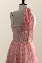 Pink Floral Corset Tea Length Dress