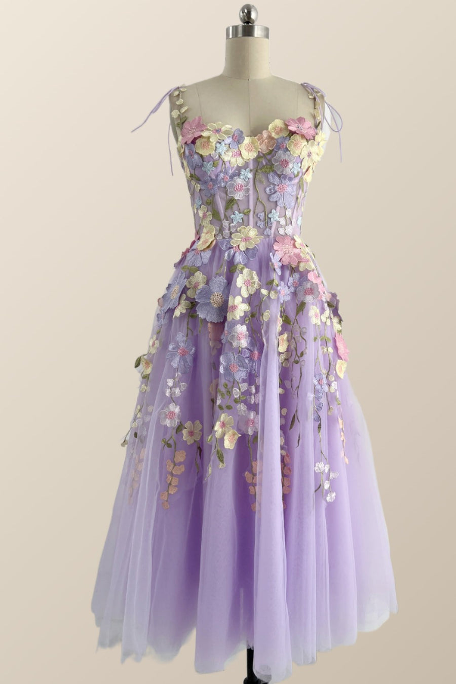 Lavender Floral Embroidered Corset Midi Dress