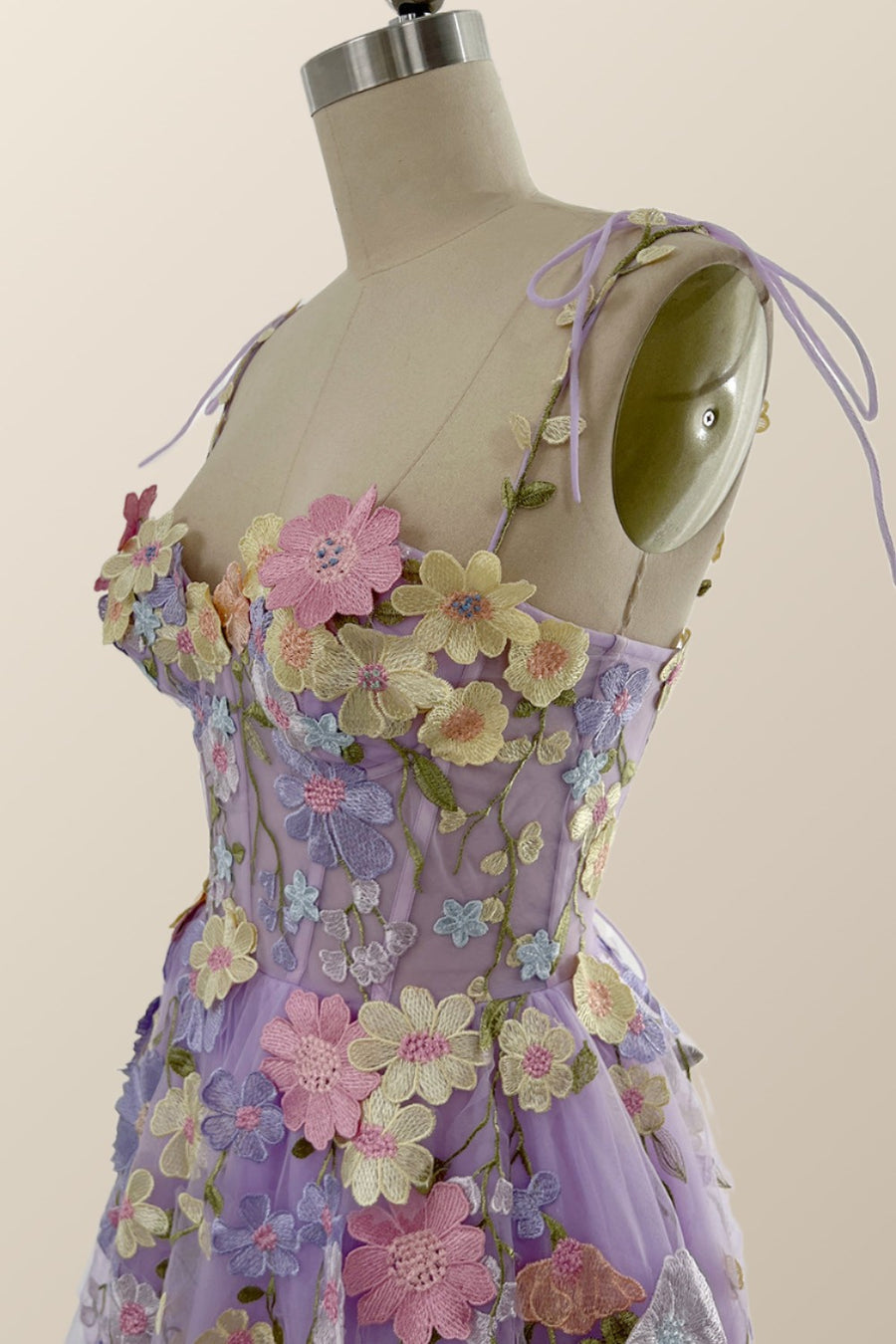 Lavender Floral Embroidered Corset Midi Dress