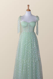 Mint Green Hearts Tea Length Dress with Straps