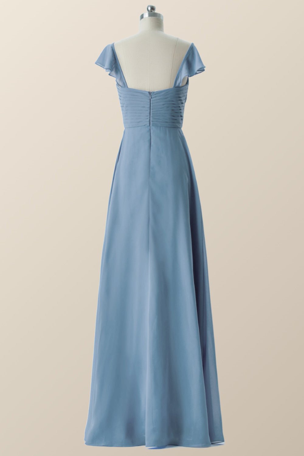 Flare Sleeves Misty Blue Pleated Long Bridesmaid Dress – Ohmollydress
