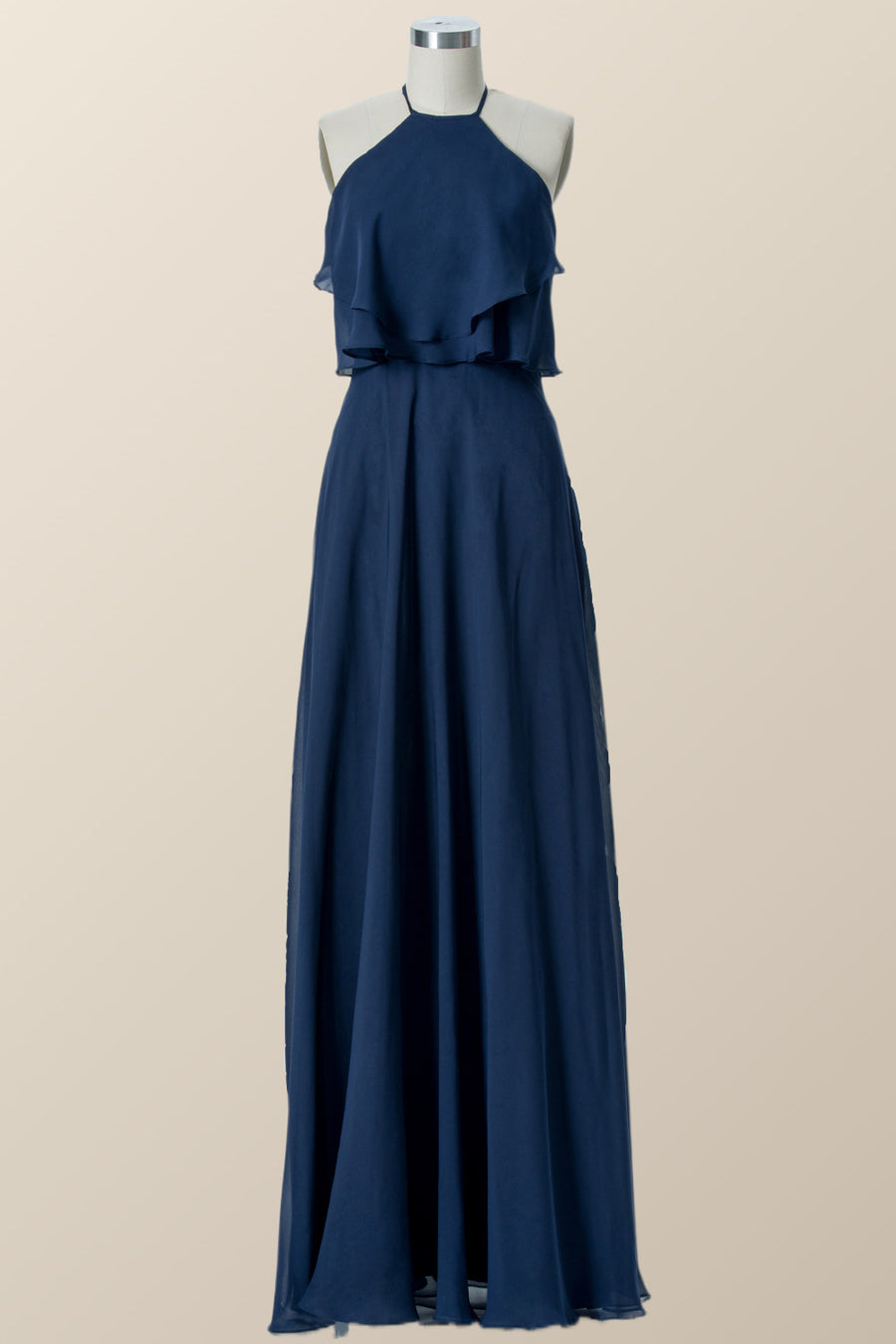 Halter Navy Blue Chiffon Long Bridesmaid Dress