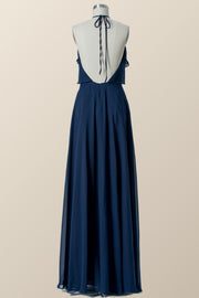 Halter Navy Blue Chiffon Long Bridesmaid Dress