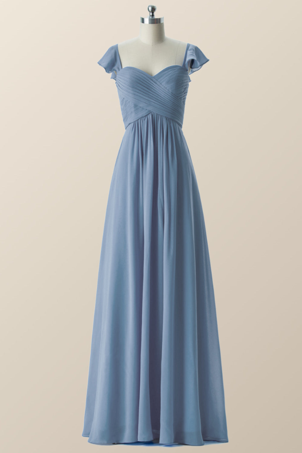 Flare Sleeves Misty Blue Pleated Long Bridesmaid Dress Ohmollydress Flare Sleeves Misty Blue Pleated Long Bridesmaid Dress Ohmollydress