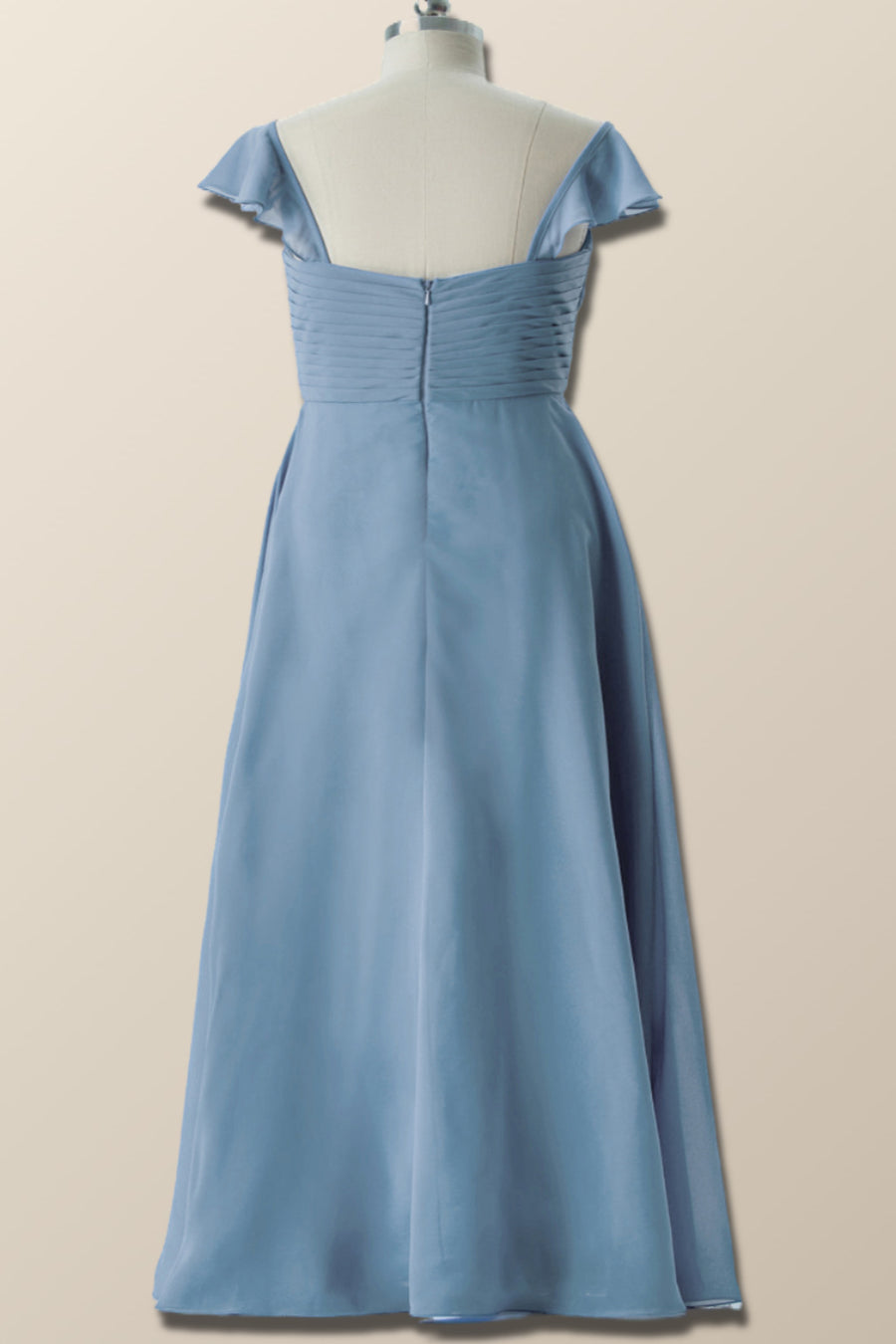 Flare Sleeves Misty Blue Pleated Long Bridesmaid Dress – Ohmollydress