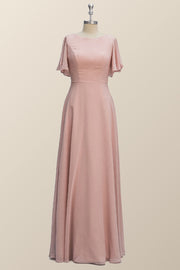 Scoop Blush Pink Chiffon A-line Long Bridesmaid Dress