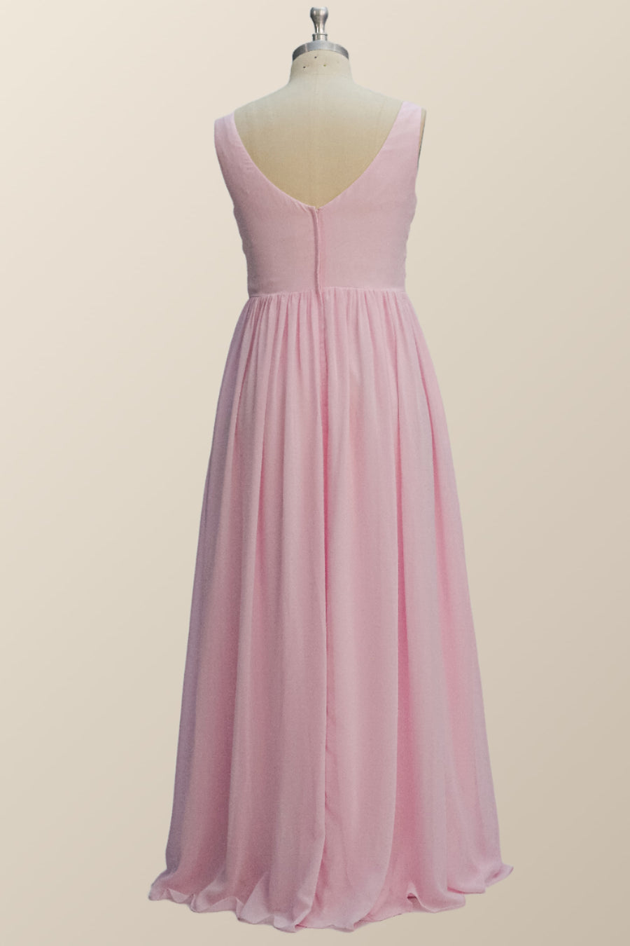 Princess Pink Pleated V Neck Long Bridesmaid Dress