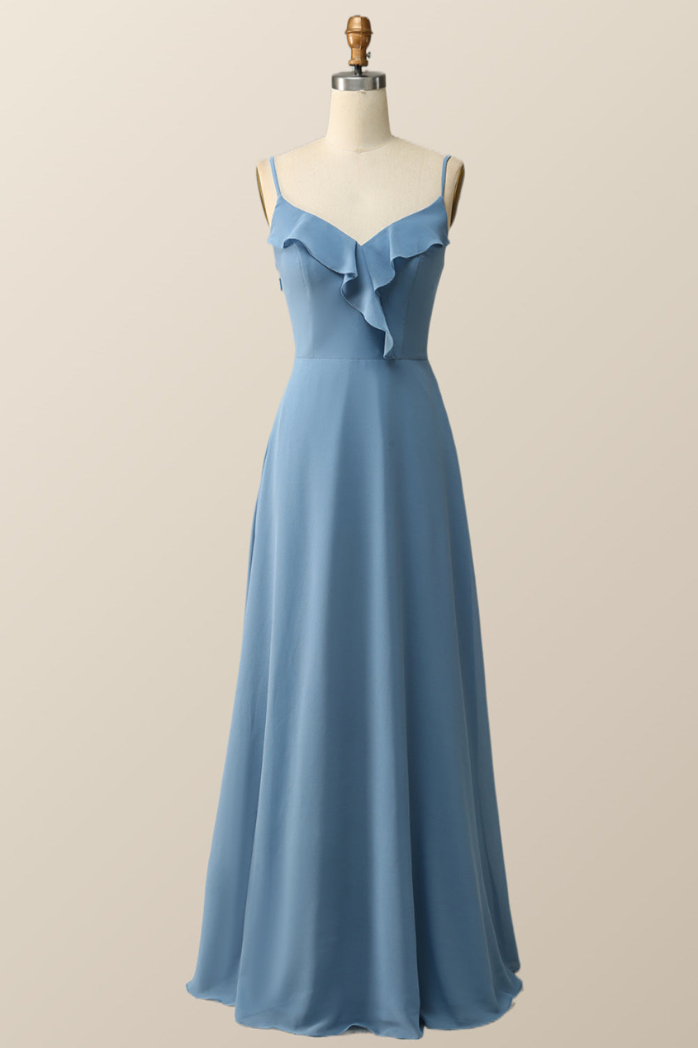 Blue Straps Ruffle Chiffon Long Bridesmaid Dress