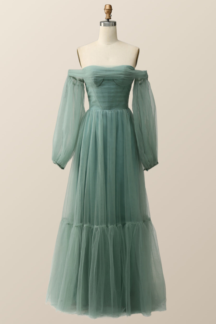 Puffy Sleeves Green Tulle A-line Long Formal Dress
