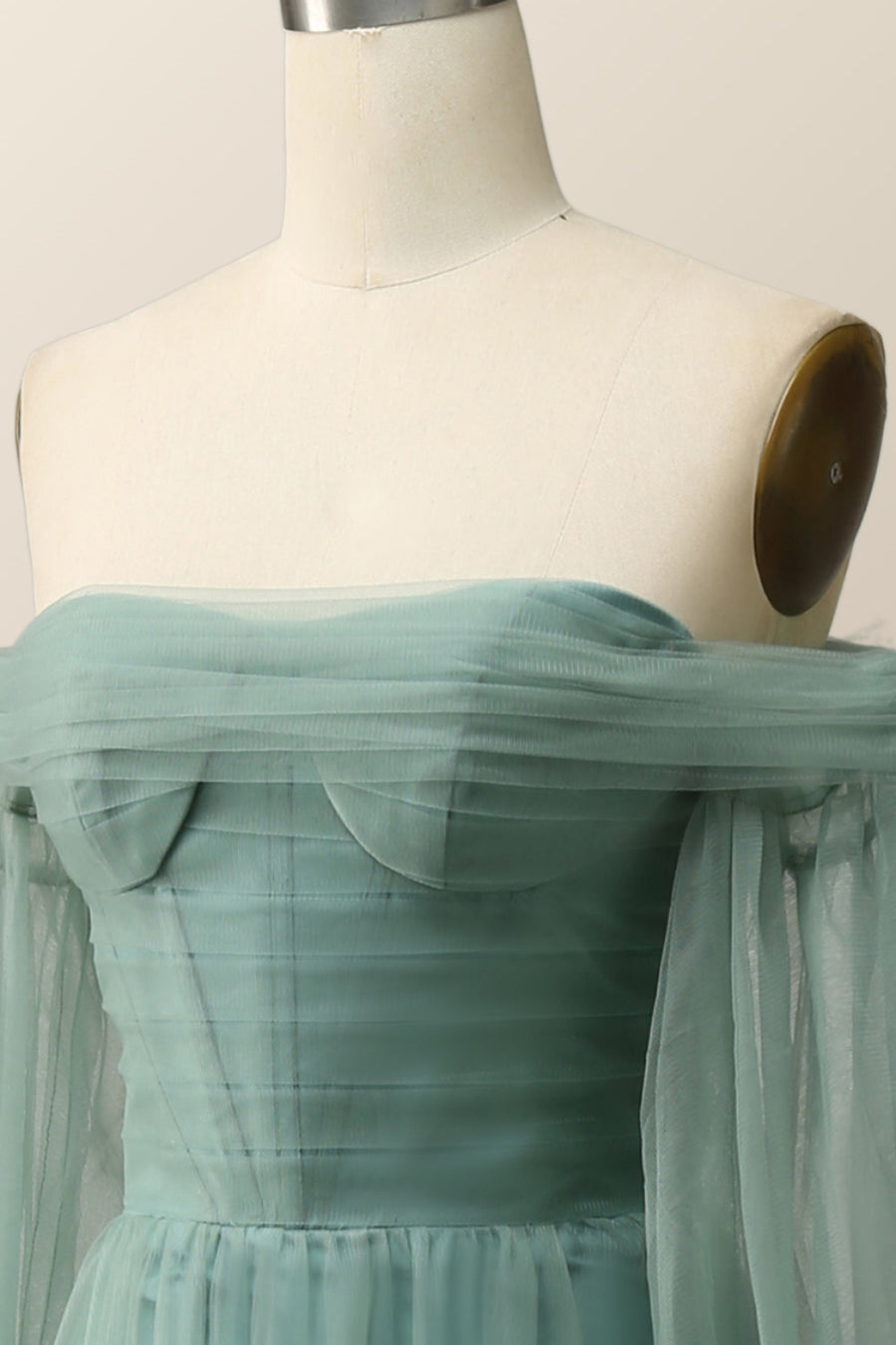 Puffy Sleeves Green Tulle A-line Long Formal Dress